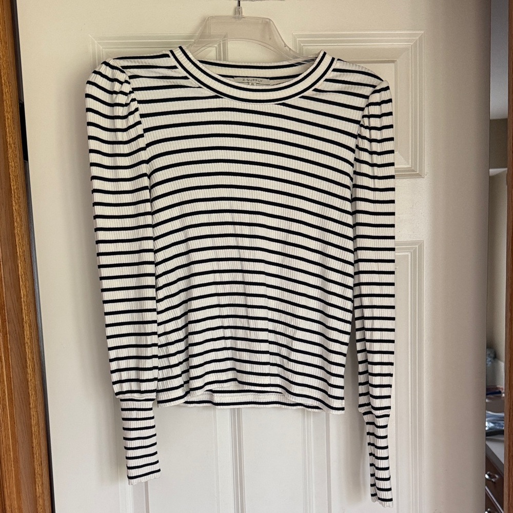 Z Supply Black and White Striped Ribbed Long-Sleeve Top